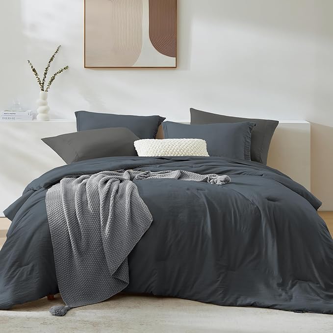 WRENSONGE Full Size Comforter Set- 7 Pieces Blue Grey Bed in a Bag Full Size Comforter with Fitted Sheet, Flat Sheet, 2 Pillow Shams, 2 Pillowcases, Warm Bedding Sets for All Season