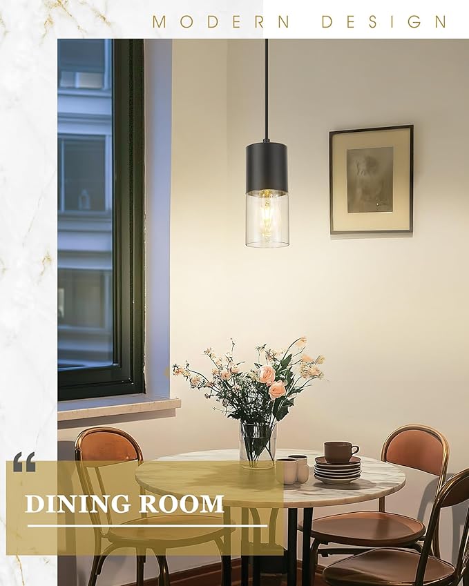 Black Pendant Lights Kitchen Island, Modern Hanging Lights Fixtures with Cylinder Clear Glass, Industrial Kitchen Pendant Lighting Over Island for Dining Room, AD-24023-1P-BK