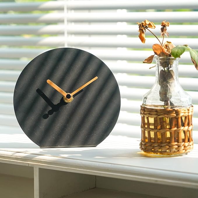 SOFFEE DESIGN 6'' One-Piece Table Clocks Without Scale Modern Minimalist Style Decoration, Iron Silent Quartz Desk Clock Creative Ornaments, Battery Operated Non Ticking for Home Office, Black