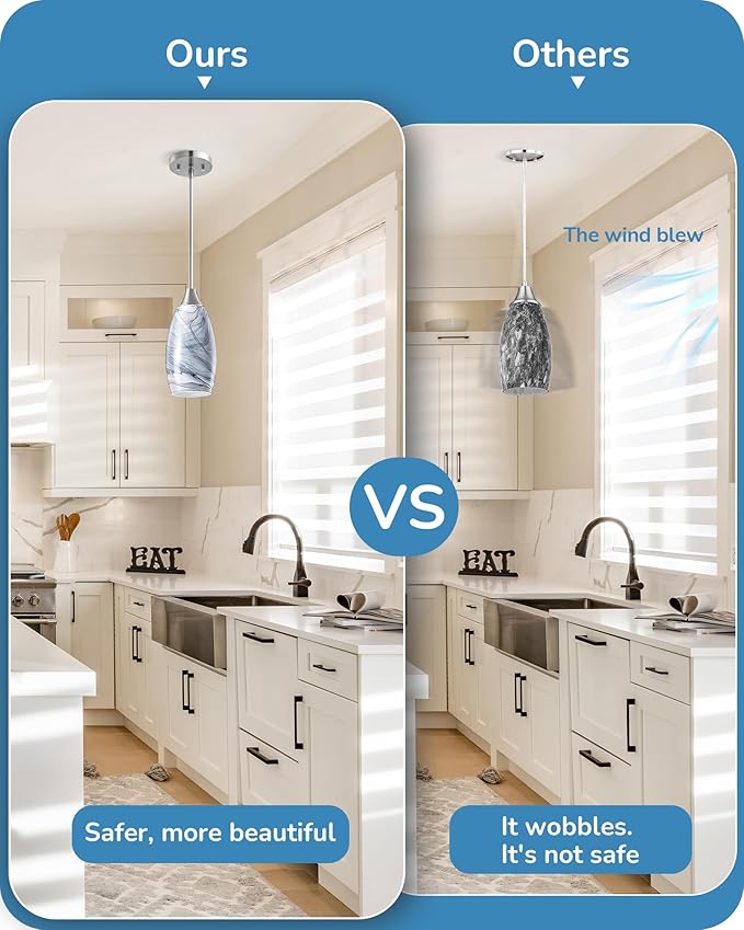 EDISHINE Pendant Light Fixture, Handcrafted Art Glass Hanging Light, Hardwired Ceiling Light, Grey Marble Glass Shade, Adjustable Brushed Nickel Rods, E26 Base, Pendant Lamp for Kitchen Island, Bar