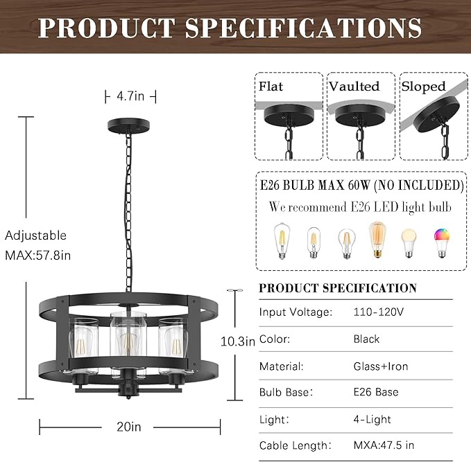 4-Light Farmhouse Chandelier, 20" Black Light Fixture with Glass Shade Modern Drum Lighting Fixtures Ceiling Pendant Lamp for Dining Room Kitchen Island Entrance Foyer Living Room Bedroom