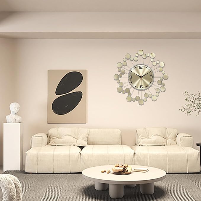 Wall Clock 22.8 Inch Silver Starburst - Silent Non-Ticking Battery Operated Large Round Sunburst Clock for Living Room, Bedroom, Kitchen, Office - Elegant Home Decor Wall Watch