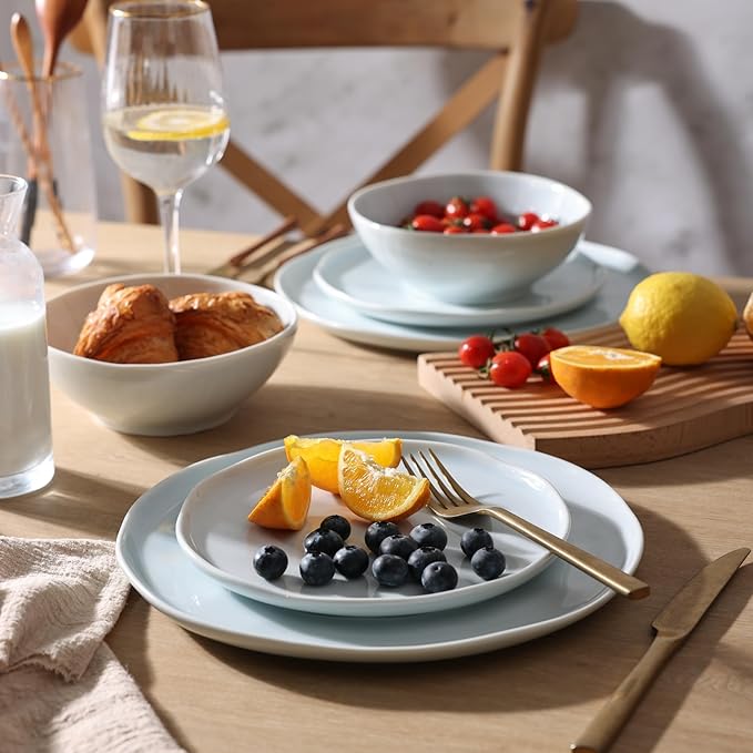 LERATIO Ceramic Dinnerware Sets for 6,Porcelain Plates and Bowls Sets with Wavy Edge,Microwave & Dishwasher & Oven Safe,Light Weight & Scratch Resistant Dishes Sets-Light Blue(18pcs)