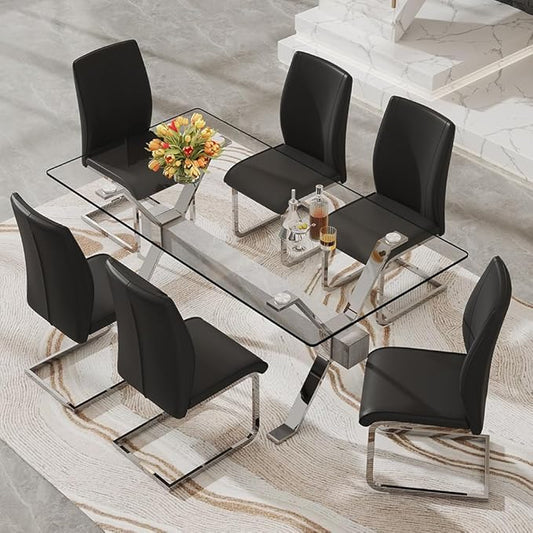 71'' Glass Dining Table Set for 6,7 Piece Dining Table Set with Tempered Glass Tabletop and Open‑Frame X‑Shaped Metal Base,Kitchen Table and Chairs Ideal for Dining Room&Home Office