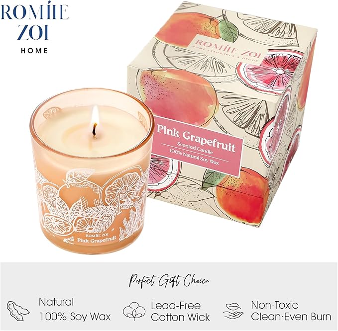 ROMIIE ZOI Scented Candle - Pink Grapefruit - 6oz Aromatherapy Soy Wax Jar Candle for Home, Gifts for Women - 170g