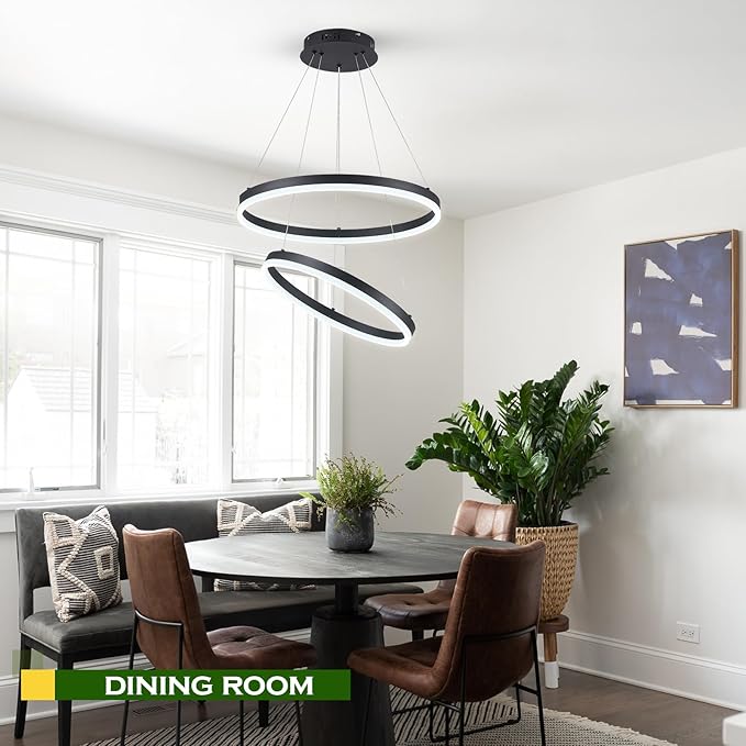 2-Rings Modern LED Chandelier Black for Dining Room, Circular Flush Mount Ceiling Chandelier Light Dimmable Pendant Light with Remote Control for Living Room Entrance Foyer, 3000K-6500K