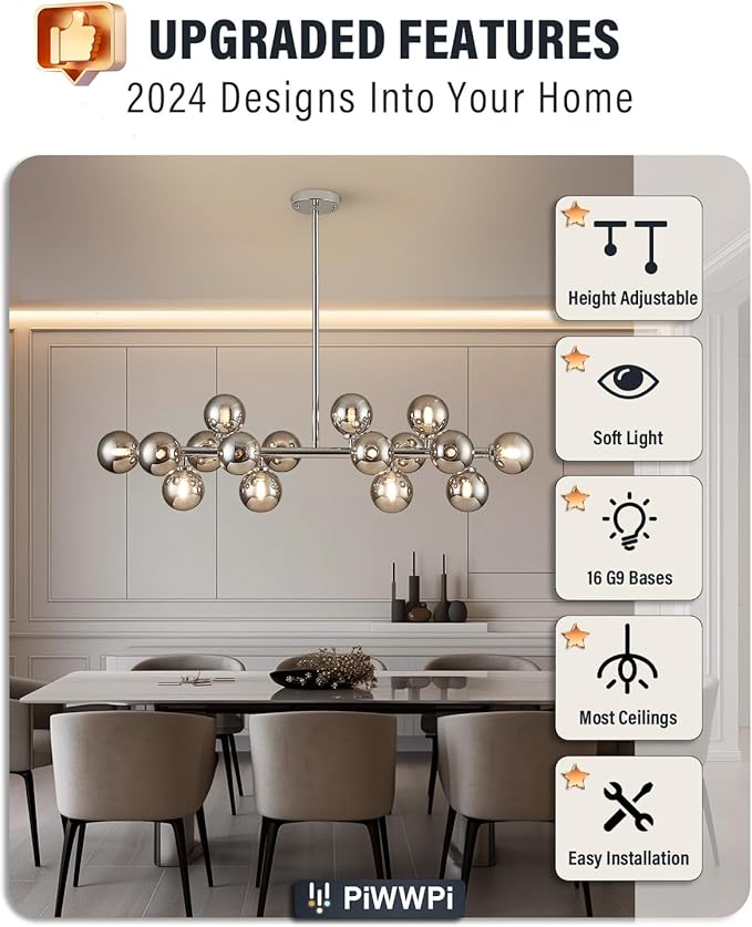 Glass Globe Sputnik Chandelier, 16-Light Mid Century Modern Light Fixture Over Table, Linear Chandeliers for Dining Room, Kitchen Island, Chrome and Smoke Grey Bubble, 40 Inch, GC-02