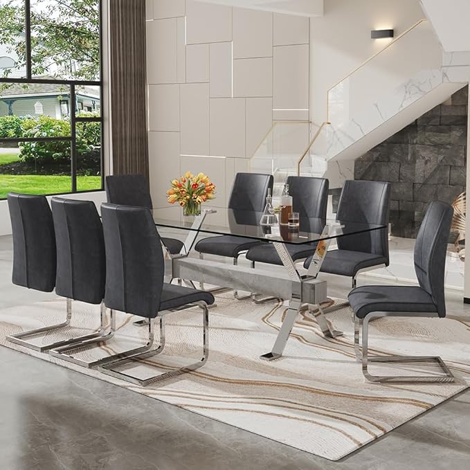 71'' Glass Dining Table Set for 8,9 Piece Dining Table Set with Tempered Glass Tabletop and Open‑Frame X‑Shaped Metal Base,Kitchen Table and Chairs Ideal for Dining Room&Home Office
