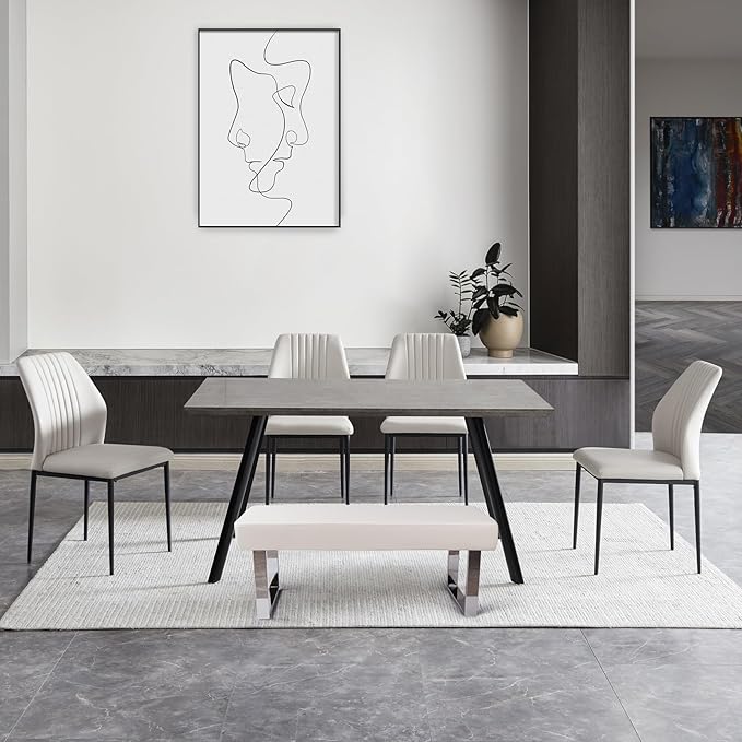 ZckyCine Modern 6-Piece Dining Table Set with Rectangular Wooden Dining Table, 4 Leather Dining Chairs and 1 Leather Stool, Suitable for 4-6 People