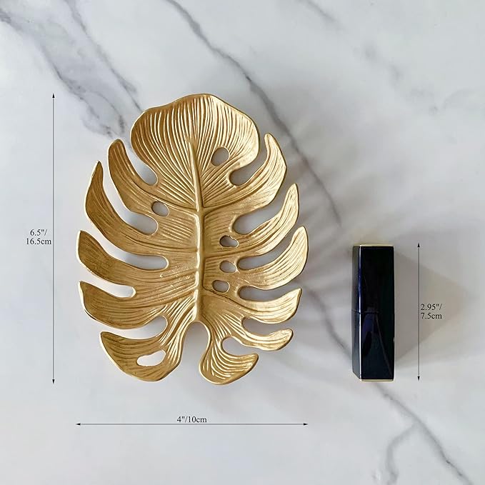Metal Jewelry Dish, Leaf Shaped Ring Holder Jewelry Organizer, Trinket Dish Vanity Tray for Dresser Christmas Birthday Wedding Gifts Turtle Bay-Gold