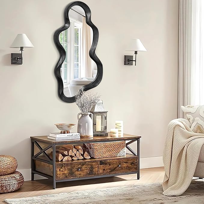Black Asymmetrical Mirror for Wall Irregular Wood Frame Mirrors Modern Artistic Wavy Wall Mirror Decorative Vanity Bathroom Living Room Bedroom Entryway Hallway Cute and Stylish Cloud Mirror Large