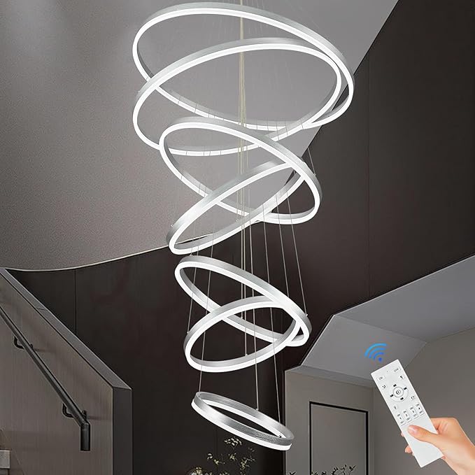 7-Rings D31.5’’ Modern LED Chandelier Silver Dimmable High Ceiling Chandeliers Foyer with Remote Control for Staircase Entryway Dining Room Living Room, 3000K-6500K