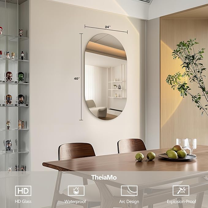40" x 24" Frameless Mirror Wall Mirror, Modern Oval Bathroom Mirror with Polished Edge, Hang Horizontally or Vertically, for Bedroom Bathroom Livingroom Gym Entryway and More