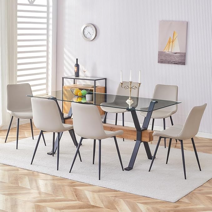 7 Piece Glass Dining Table Set, Kitchen Table Chairs Set for 6, 71'' Dining Table with 0.4" Tempered Glass Tabletop with Plated Metal Legs and MDF Crossbar, 6 PU Chairs for Dining Room, Kitchen.