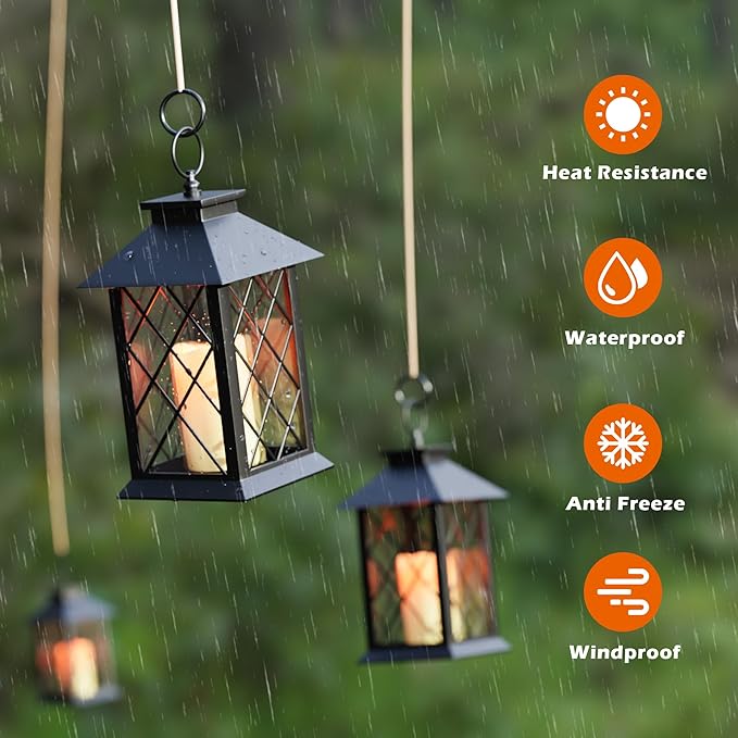 13.4" Lanterns Decorative Indoor, Black Lantern Decor with Timer Flickering Candle, Diamond-shaped Outdoor Lanterns, Waterproof Hanging Lantern for Patio, Porch, Entryway, Centerpieces, 2 Pack