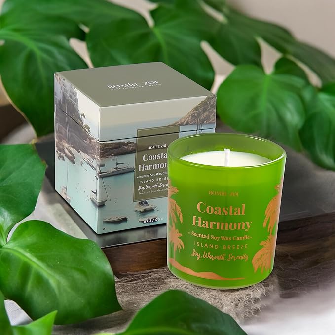 ROMIIE ZOI Island Breeze Scented Candle - Coastal Harmony - 6oz Soy Wax Candle for Home Scented, Stress Relief Candle Gifts for Women/Men