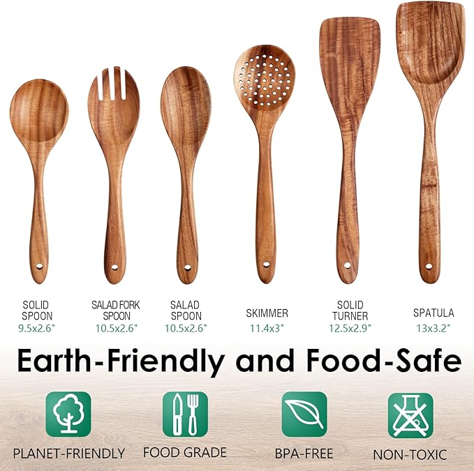 Kitchen 6-Piece Teak Wood Kitchen Utensil Set – Wooden Cooking Spoons with Spatula, Turner & Serving Spoon, Smooth Finish Comfort Grip, Nonstick Safe by Howhong