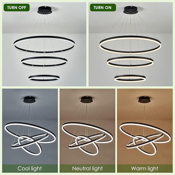 D31.5 3 Rings Modern LED Chandelier Black Dimmable LED Pendant Light with Remote Control Circular Flush Mount High Ceiling Light for Dining Room Living Room Bedroom Foyer(3000K-6500K, H71)