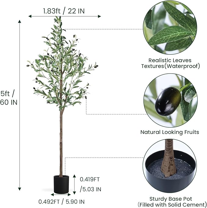 Artificial Olive Tree 5FT Tall Faux Silk Plant 60inch Fake Olive Tree with Trunk and Lifelike Fruits for Home Office Decor Indoor 1pack