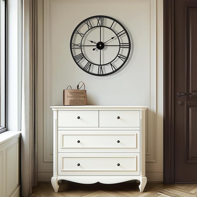 Tatub 24 Inch Large Wall Clock for Living Room Decor, Roman Numeral Modern Round Decorative Metal Large Wall Clock for Bedroom and Kitchen, Silent, Non Ticking, Battery Operated