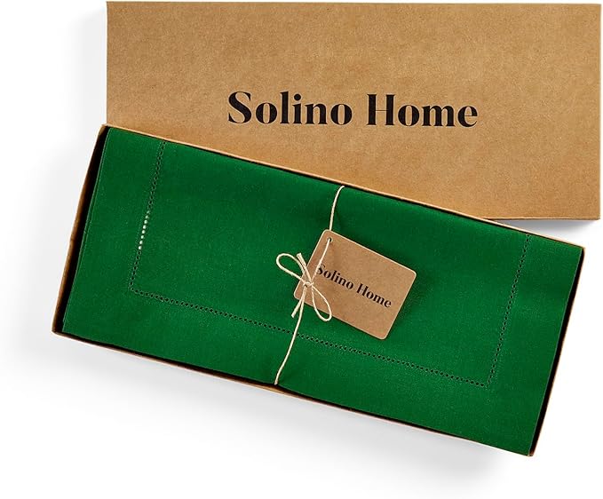 Solino Home Linen Garden Green Table Runner 108 Inches Long - 100% Pure Linen Hemstitch 14 x 108 Inch Table Runner for Dining, Christmas - Classic Hemstitch