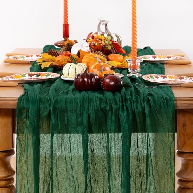 Emerald Green Cheesecloth Table Runner 4 Pack Fall Table Runners Boho Gauze 120 Inches Green Cheese Cloth Fall Table Decorations for Thanksgiving Wedding Bridal Baby Shower Tea Party