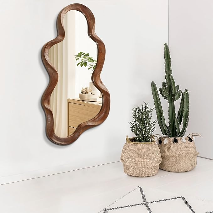 Large Asymmetrical Mirror Irregular Wood Frame Modern Unique Wall Mounted Artistic Wavy Mirrors Decor Bathroom Vanity Bedroom Living Room Entryway Hallway 47"x22"