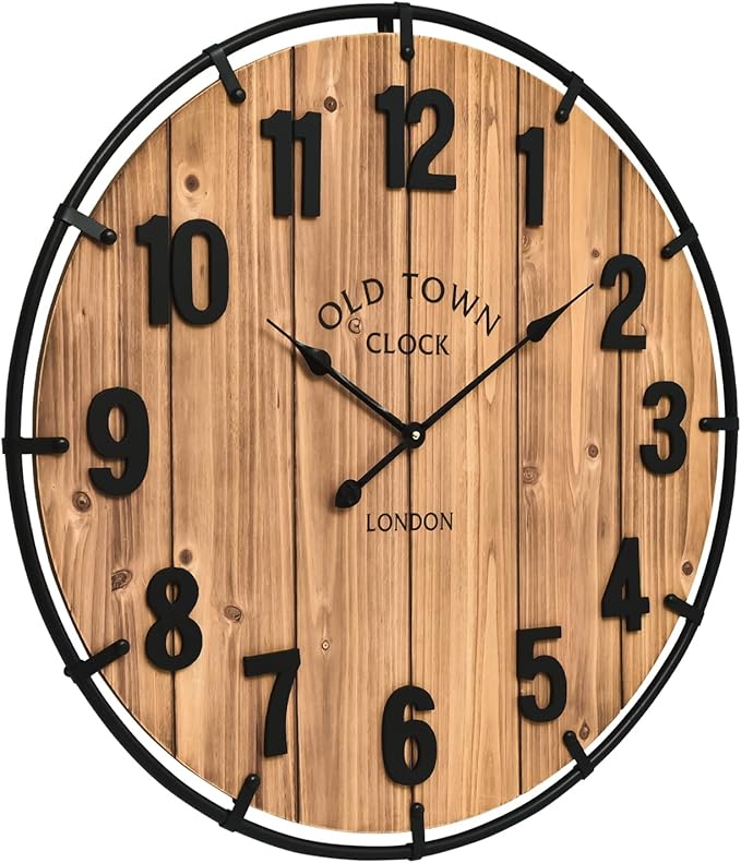 20 Inch Farmhouse Wall Clock Large Old Town Vintage Rustic Wooden Clock with Metal Rim and Large Numerals, Silent Battery-Operated for Office, Kitchen, Bedroom, and Living Room