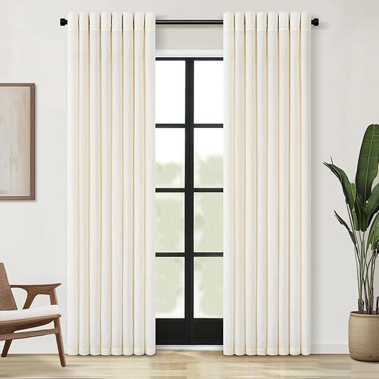 Topfinel 96 Inches Long Farmhouse Linen Curtains for Living Room Grommet Sheer Pleated Curtains for Bedroom Dining Room 96 Length 2 Panel Set Birch Cream Colored(Ivory/Off White) 52"x96"