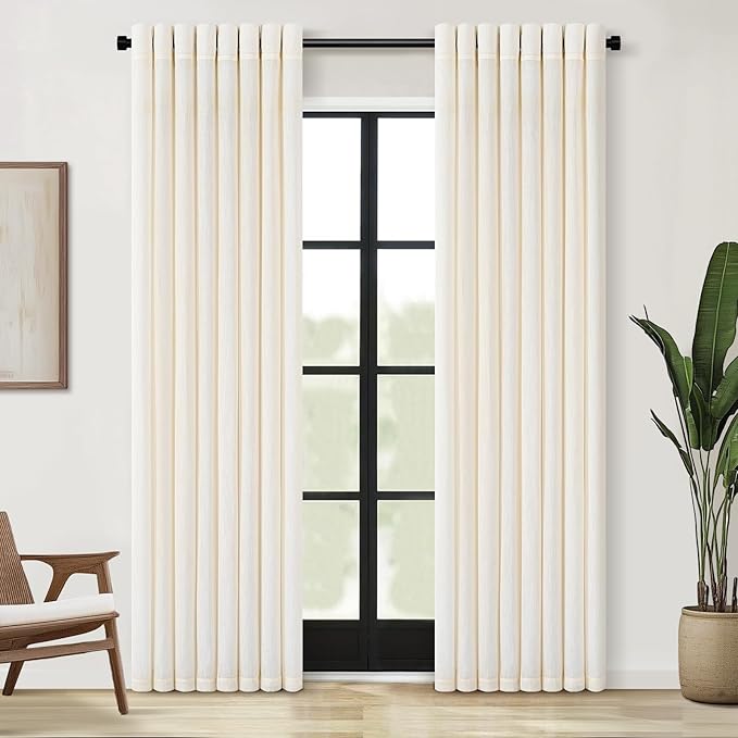 90 Inches Long Sheer Linen Curtains 2 Panels Set for Living Room Bedroom Natural Birch Semi Sheer Textured Blend Farmhouse Curtains Light Filtering Pleated Drapes with Grommet 52"x90"