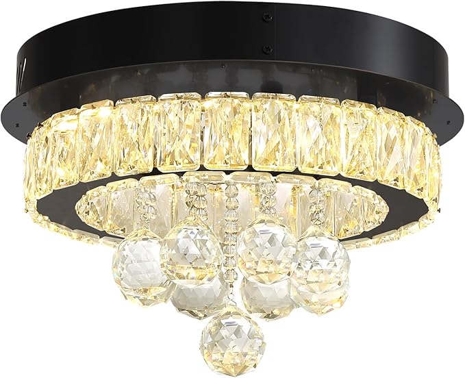 Flashing God 12" Modern Crystal Chandeliers Flush Mount Ceiling Light Black Chandelier for Hallway LED Dimmable Light Fixture for Dining Room Living Room Bedroom
