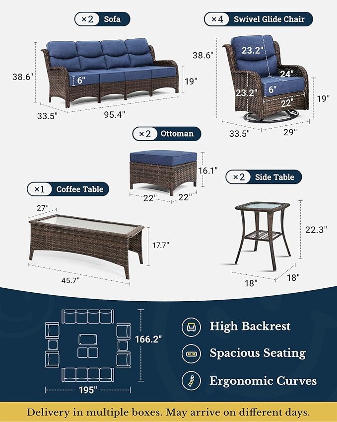 HILLGA Luxury Patio Furniture Set with 6-inch Thick Cushion, Outdoor Sectional Sofa and High Back Swivel Rocker Patio Chairs, 11PCS Wicker Conversation Set for Deck Yard and Poolside, Blue (V2)