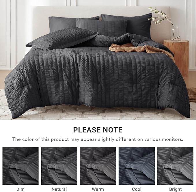 MUXHOMO 7 Pieces Queen Comforter Set, Seersucker Bed in a Bag Queen Size, All Season Luxury Bedding Set with Comforter, Flat Sheet, Fitted Sheet, Pillowcases & Shams, Dark Grey