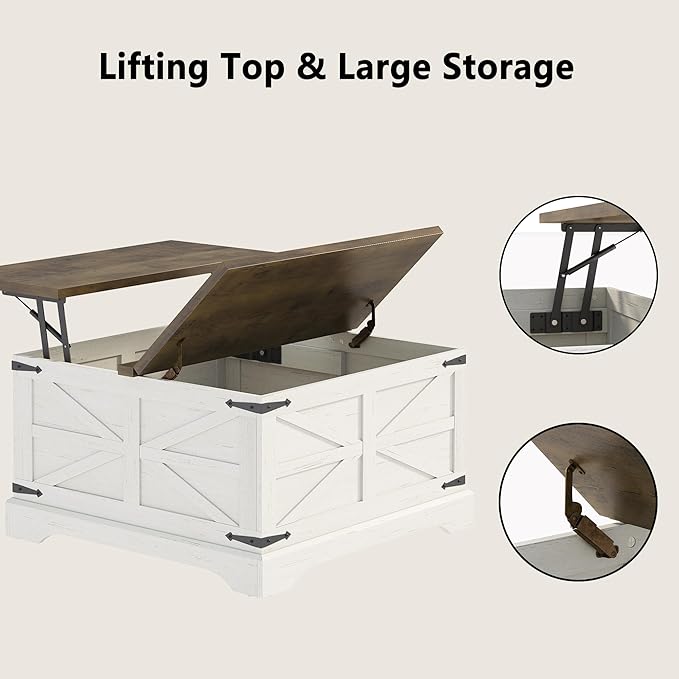Furnideco 35.5''W Square Coffee Table Farmhouse Lift top Coffee Table with Large Hidden Storage, Wood Center Table for Living Room, Home Office, Brown Top