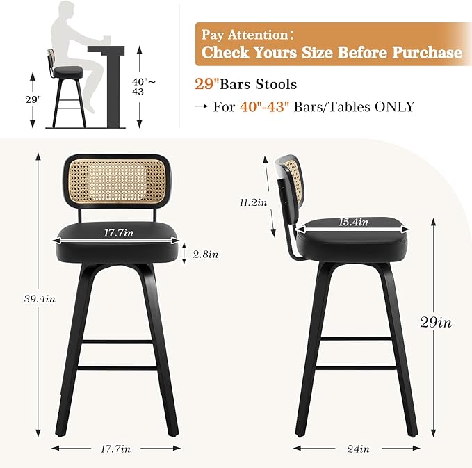 Swivel Bar Height Stools Set of 4, Upholstered Faux Leather Barstools with Rattan Back, 29" Seat Height Tall Bar Stools for Kitchen Counter, Black Wood Frame, Black