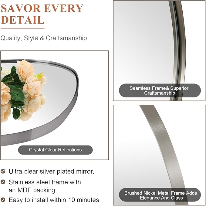 ANDY STAR Brushed Nickel Mirror, 22"x30" Silver Asymmetrical Wall Mirror for Bathroom, Unique Irregular Design with SUS304 Stainless Steel Metal Frame, Ideal for Bathroom, Bedroom, Entryway