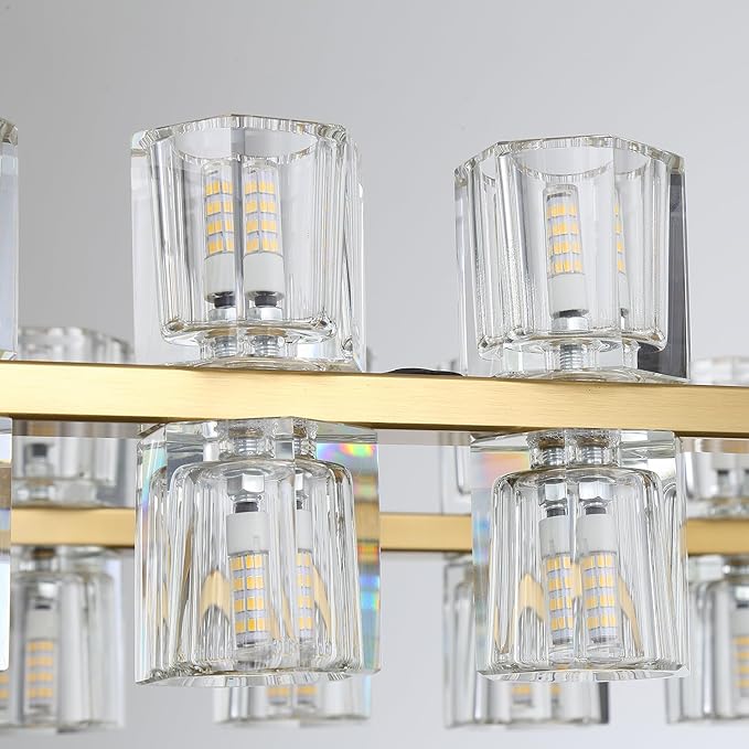 Gold Rectangular Crystal Chandelier Light Fixture 53.4 in Dining Room Chandelier Over Table Modern Farmhouse Ceiling Pendant Hanging Light Fixture for Living Room, Kitchen Island (Bulb not Included)