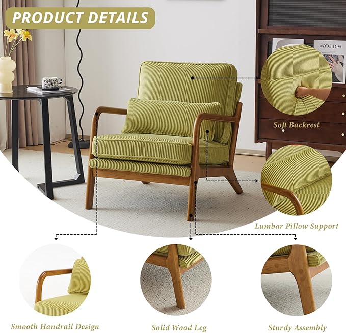Karl home Mid-Century Modern Accent Chair, Living Room Chairs with Pillow Corduroy Upholstered Lounge Armchair with Solid Wood Frame & Soft Cushion for Bedroom, Reading Room, Green