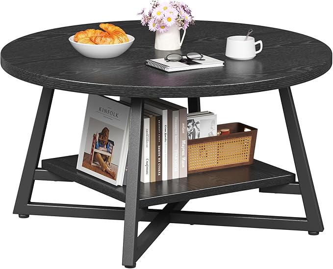Coffee Table for Living Room, Round Coffee Table, Small Circle Coffee Table with Storage, Modern Wood Round Center Table for Home Office, Small Space, Easy Assembly, Black
