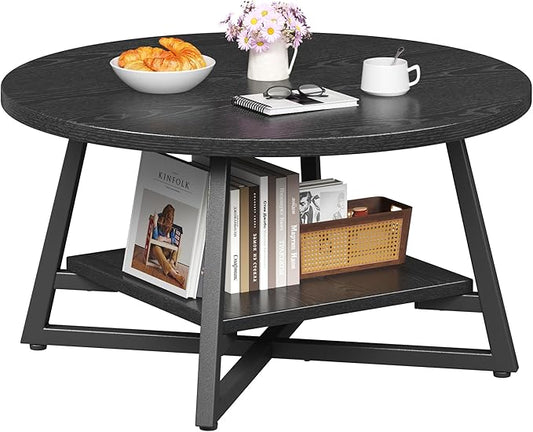 Coffee Table for Living Room, Round Coffee Table, Small Circle Coffee Table with Storage, Modern Wood Round Center Table for Home Office, Small Space, Easy Assembly, Black