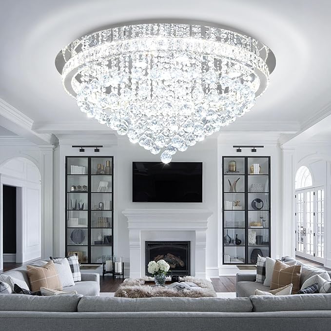 Dia 32" Modern Crystal Chandeliers for Living Room LED Dimmable Raindrop Chandelier Silver Ceiling Pendant Light with Remote Flush Mount Crystal Ceiling Light for Dining Room Bedrooms Foyer