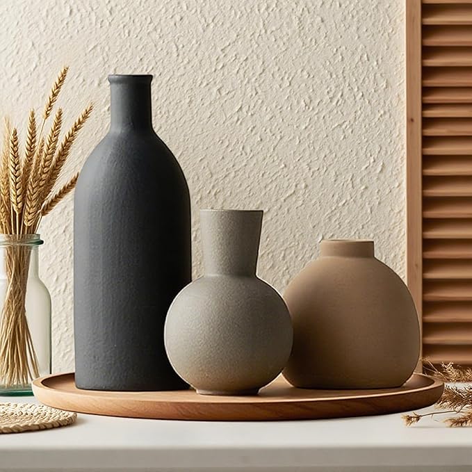 Ceramic Vase Set of 3, Vases Home Decor, Neutral Rustic Modern Farmhouse Decor, Pottery Vases for Pampas Grass Dried Fresh Flowers, Living Room Kitchen Bedroom Bathroom Entryway Mantel Shelf (Black)