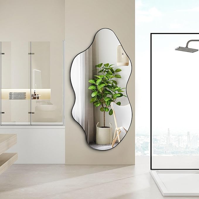 Irregular Mirror Full Length, Large Asymmetrical Wall Mirror, 59"x30" Wavy Shaped Mirrors, Modern Frameless Decorative Mirrors for Dressing Living Room Bathroom Bedroom Hallway Entryway