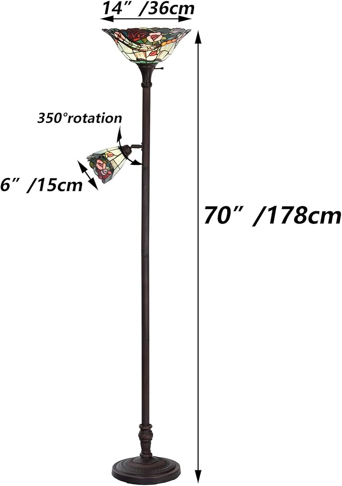 Bieye L10739 Rose Flower Tiffany Style Stained Glass Torchiere Floor Lamp with Sidelights for Reading Home Decor, 70-inch Tall