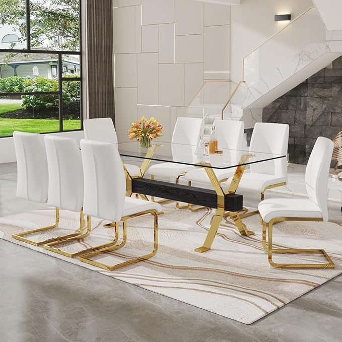 71'' Glass Dining Table Set for 8,9 Piece Dining Table Set with Open‑Frame X‑Shaped Golden Metal Base,Gold Kitchen Table and Chairs Ideal for Dining Room&Home Office