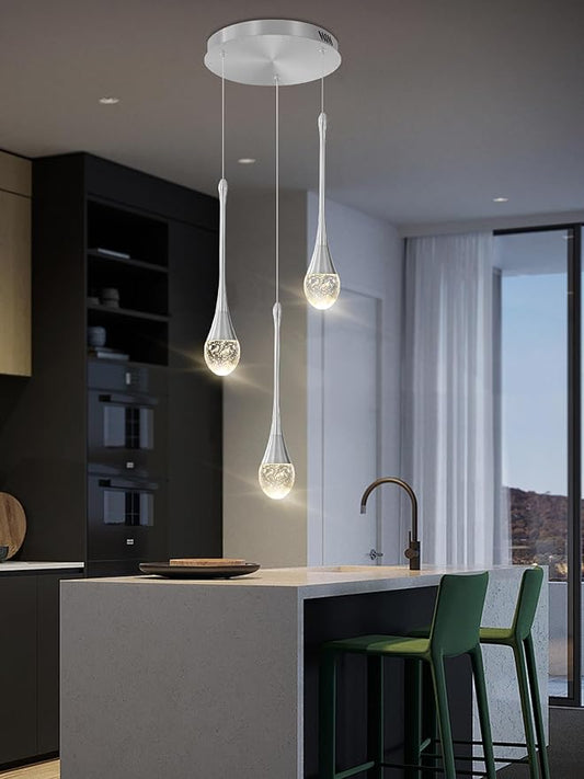 Pendant Lights Kitchen Island 3-Lights Silver Crystal Chandelier for Dining Room Hallway Stairwell,LED Dimmable 2700K-6000K