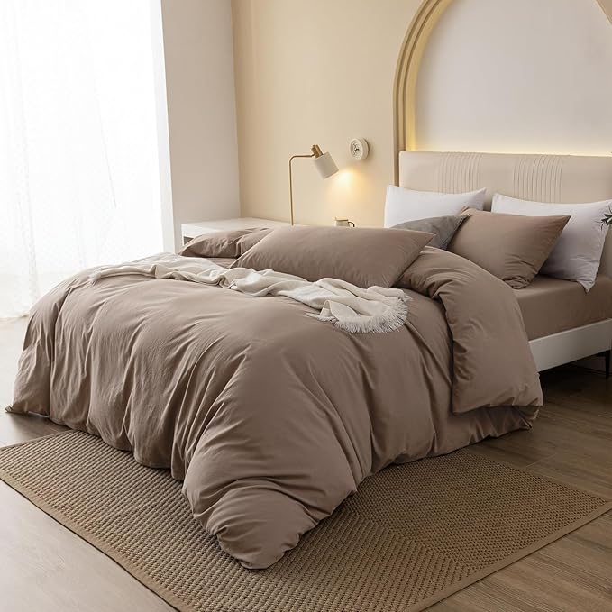 JIYUAN 100% Washed Cotton Duvet Cover Set 3 Pieces Oversized King, 1 Duvet Cover 120x98 Inches(Comforter Not Included) and 2 Pillowcases,Linen Feel Bedding Set Comfy and Breathable,Light Brown