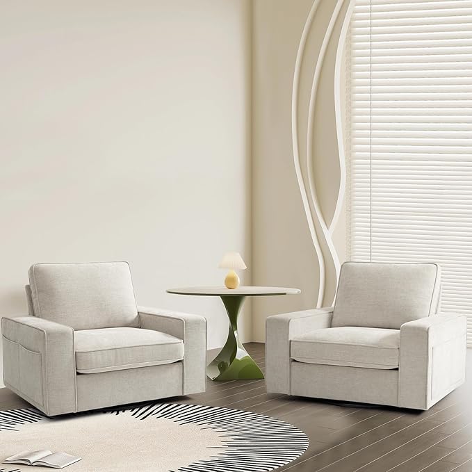 Swivel Accent Chair for Living Room Comfy Single Sofa Chair Soft&Breathable Padding with Extra Wide Armrests Washable Detachable Cover (Beige)