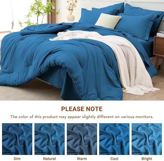 MUXHOMO 7 Pieces Queen Comforter Set, Soft Bed in a Bag Queen Size, All Season Bedding Set with Comforter, Flat Sheet, Fitted Sheet, Pillowcases & Shams, Bluish Green