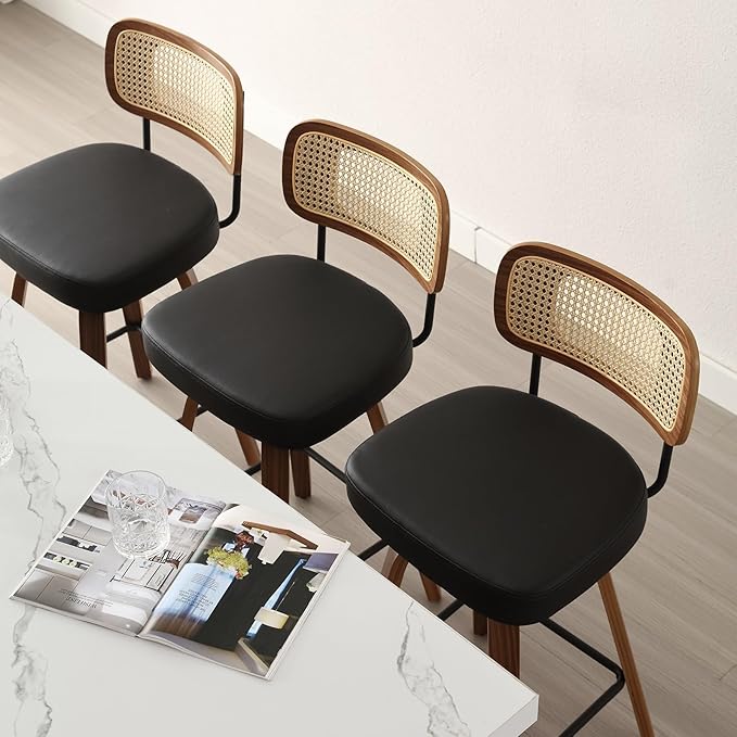 Swivel Counter Height Bar Stools Set of 4, Upholstered Faux Leather Barstools with Rattan Back, 26" Seat Height Bar Chairs for Kitchen Island, Bentwood Wood Frame, Black